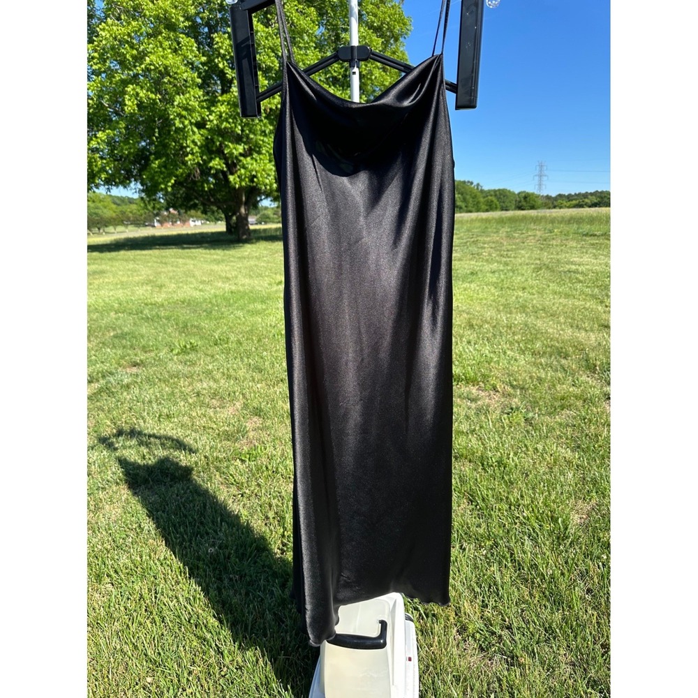 BeBe Black Satin Cowl Neck Midi Slip Dress Spaghetti Strap Minimalist LBD Size M